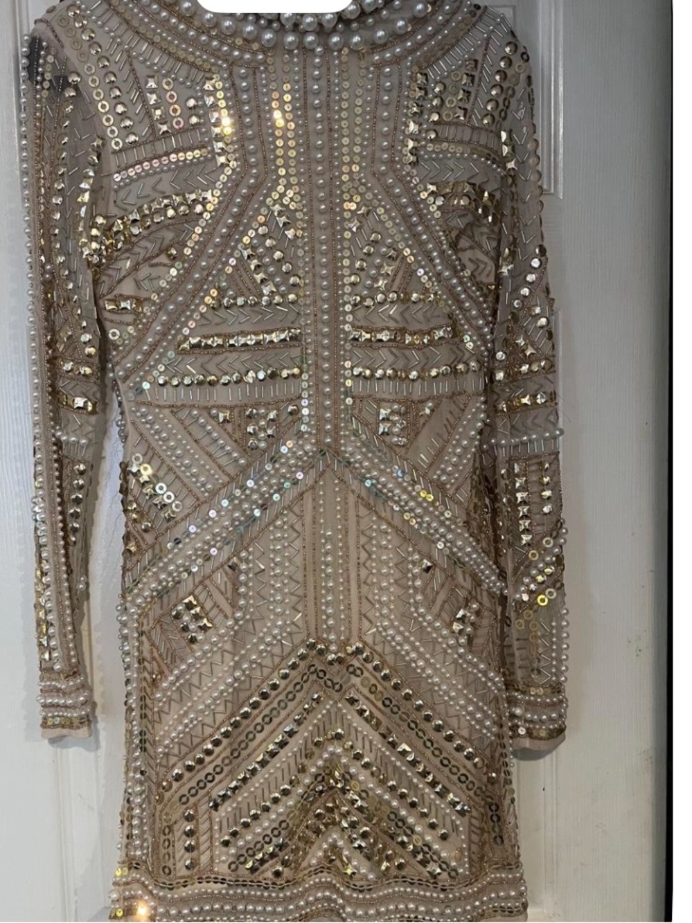 ASOS Nude Beaded Long-Sleeve Cocktail Dress